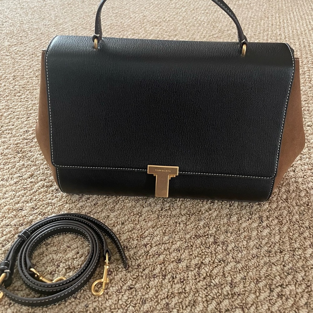 Tory Burch Black Gold Juliette Suede Leather Satchel Bag